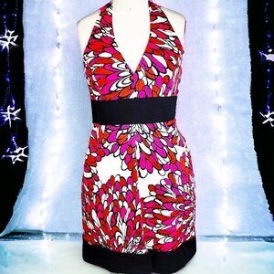 Jones of NY bright red white feather halter dress